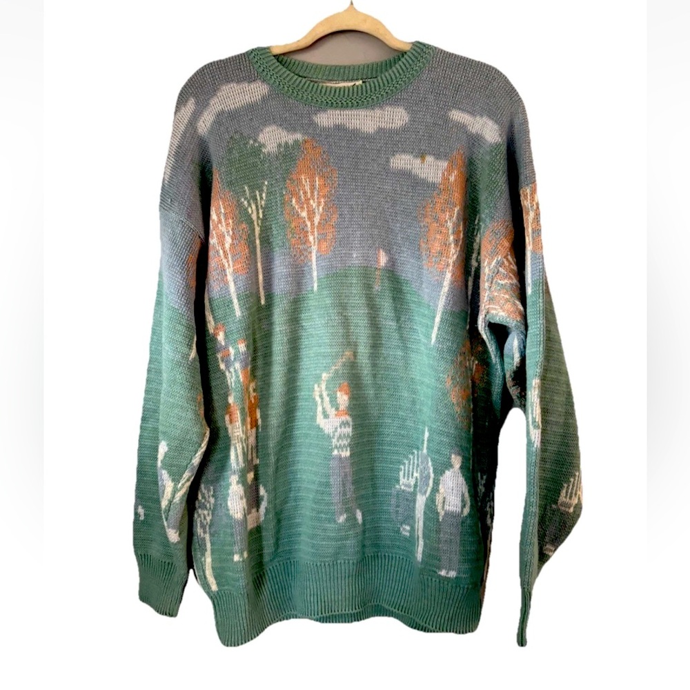 VTG Penn’s Landing Sweater Mens XL Green Golf Course All Over Print Knit Cotton